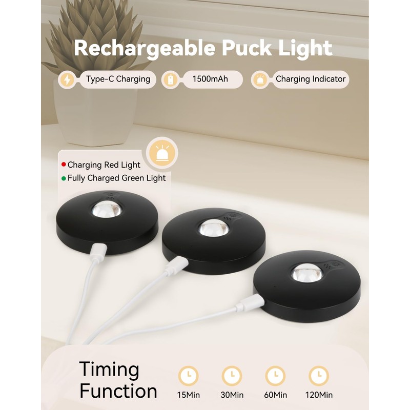 Aokpsrt Rechargeable Puck Lights With Remote Control, 1500mAh Battery Operated