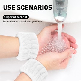 MOLOPPO 2 Pcs Soft Microfiber Wrist Bands for Washing Face, Absorbent Towel Scrunchies, Towel Bands，Prevent Liquid Spills, Reusable Face Washing Accessories for Women(White)