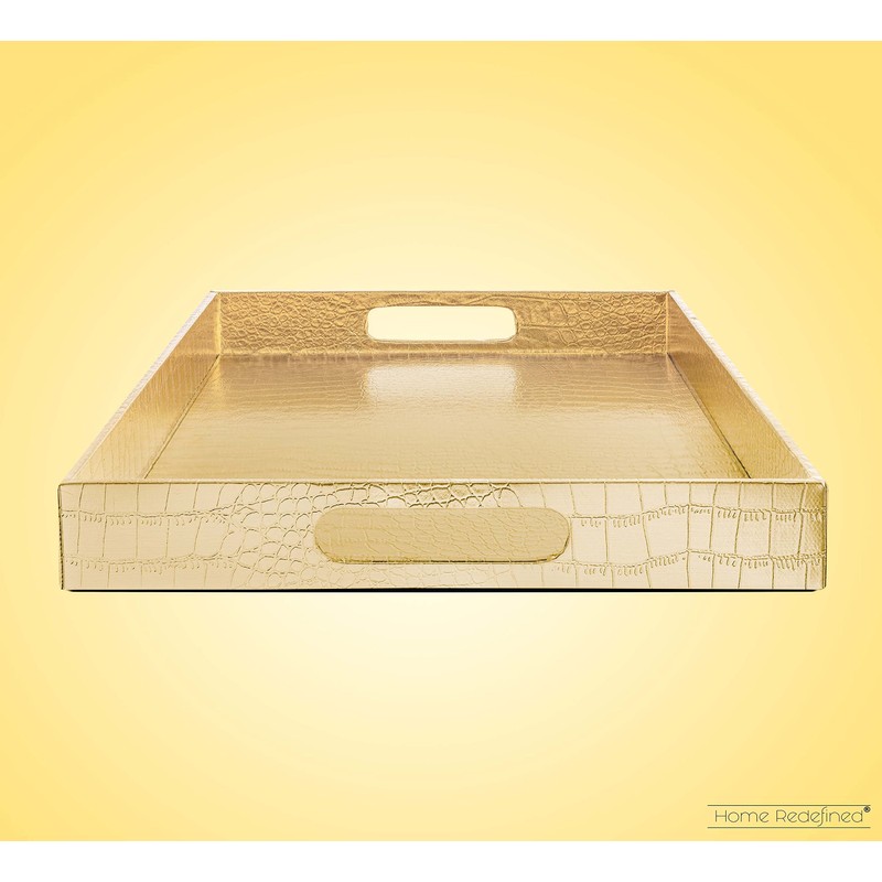 Home Redefined 18"x12" Gold Glossy Crocodile Faux Leather Serving Tray