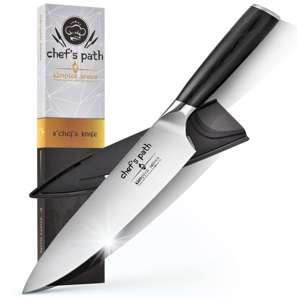 Chef's Path Professional Chef Knife Set - 8" Ultra Sharp Japanese Santoku Kitchen Knife - German High Carbon Stainless Steel Chefs Knife with Sheath & Premium Packaging - Best Value Cooking Knife