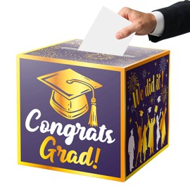 JWSCYSY Graduation Card Box Holder, Congrats Grad Foldable Cardboard Decorations Box for Graduation Party Favors Decor Party Supplies (Purple Gold)