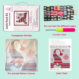 Latch Hook Kits Pillow Christmas Hat Crochet Yarn Cushion Colour Pre-Printed Canvas Rug Needlework DIY Pillowcase Hook and Latch Kit Home Arts Crafts Sofa Decoration 42x42cm/16X16inch