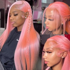 ANDRIA 13x6 HD Lace Front Wigs 200% Density Pink Straight Glueless Lace Wigs Light Pink Lace Frontal Wigs for Black Women Synthetic Heat Resistant Fiber Hair Wig With Baby Hair Pre Plucked 28 Inches