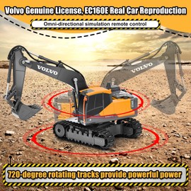 DOUBLE E Volvo RC Excavator Remote Control Excavator Toy for Boys Full Function Construction Vehicles Toys with Shovel for Outdoor Play Sandbox Digger Toys Gifts for Kids