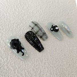 Black Cat Handmade Nail Tips - Natural / 검은 고양이 수제네일팁 - 내츄럴