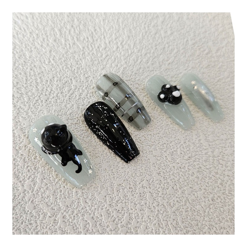 Black Cat Handmade Nail Tips - Natural / 검은 고양이