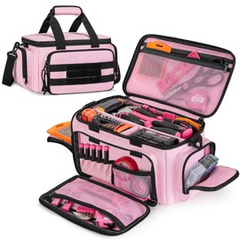 Trahzia Pink Tool Bag for Women, Portable Tool Box Organizer with Shoulder Strap, Heavy Duty Tactical Work Bag for Electrician, Carpenters, Builders