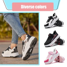 YINGCSM Shoes with Wheels for Boys Girls Kids Roller Skates 2 in 1 Roller Shoes Trainers Skateboard Shoes, white black, 30 EU