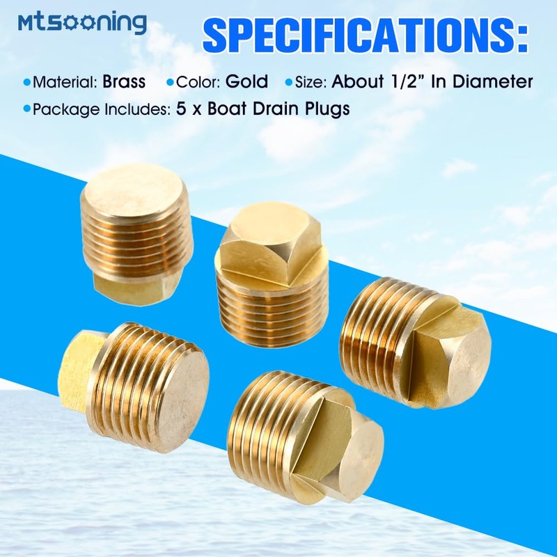 Mtsooning 5PCS 1/2 Inch NPT Solid Brass Boat Drain Plugs,