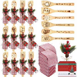 Mimorou 12 Set Christmas Kitchen Utensils Set Christmas Cooking Gift Bamboo Cooking Spoon Spatulas with Artificial Picks Waffle Towels Thank You Tags for Winter Holiday Housewarming Kitchen Decoration