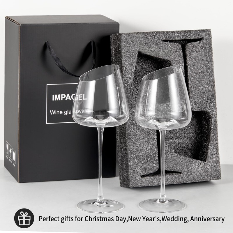 Slanted Red Wine Glasses, Set of 2, Modern, Crystal, Hand