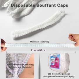GALOSSAN Disposable Bouffant Caps 250 Pieces - Polypropylene - 21 inches Hair Net, Elastic Dust Cap for Food Service, Nurses, Physicians, Kitchen Head Cover (White)