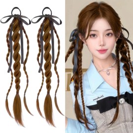 2Pcs Braided Ponytail Extensions with Hair Ties Double Twist Braid Hair Rope Ribbon Bow Soft Synthetic Hairpieces for Women Girls Daily Wear Accessories (Light Brown)