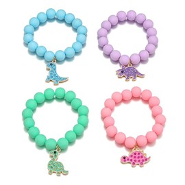 Colorful Enamel Dinosaur Charm Acrylic Beaded Strand Bracelet Set Round Beads for Girls Cute Friendship Best Friend Party Jewelry (Multiple colors, 4.5cm)