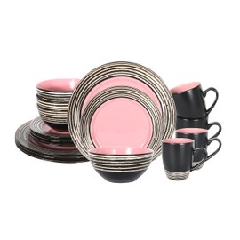 HomeVss 16 Piece Dinnerware Set, Ceramic Plates and Bowls Sets for 4, Microwave and Dishwasher Safe, Handcrafted Tree Bark Series Dish Set, Rose/Pink