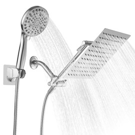 BWE 10 Inch Rain Shower Head with 9 Settings Handheld Spray Combo High Pressure Double Shower Head with 11" Extension Arm Stainless Steel Height/Angle Adjustable Showerhead,Polished Chrome