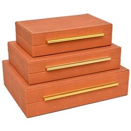 DECOR4SEASON Faux Shagreen Leather Decorative Jewelry Storage Nesting Organizer Boxes with Lids Gold Handle Set of 3, Orange