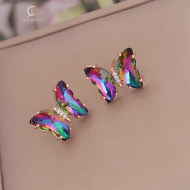 Locrccl Colorful Butterfly Stud Earrings Vintage Bohemian Enamel Cubic Zirconia Butterfly Cute Statement Aesthetic Earrings for Women Jewelry Mother's Day Jewelry (F-Deep color)