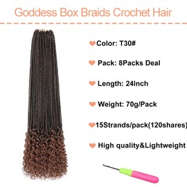Mscat 24 Inch Goddess Box Braids Crochet Hair with Curly Ends 8 Packs Pre-looped 3X Synthetic Boho Box Braiding Hair for Women (15Strands/pack T30#)