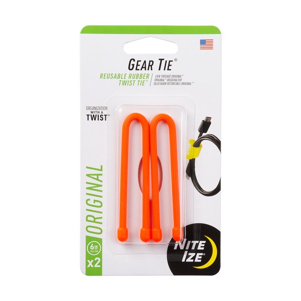 Nite Ize GT6-2PK-31 Gear Tie Reusable 6-Inch Rubber Twist Tie, Bright Orange, 2-pack