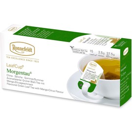 Ronnefeldt LeafCup Morgentau® – Loose Leaf Flavoured Green Tea with Mango-Citrus Notes & Flower Petals – 15 Individually Wrapped Tea Bags
