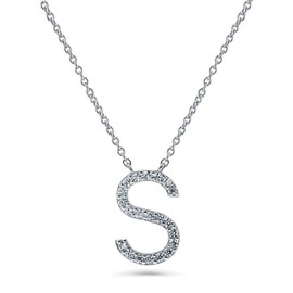 BERRICLE Sterling Silver Initial Letter 'S' Cubic Zirconia CZ Fashion Pendant Necklace for Women, Rhodium Plated
