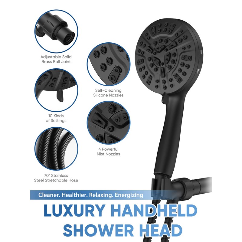 Pavezo 5-Inch High Pressure Handheld Shower Head with 10-Mode Powerhead,