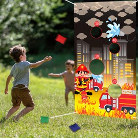kreat4joy Firetruck Theme Toss Games with Bean Bags, Bean Bag Toss Game for Kids, Firefighter Theme Toss Games Backdrop Banner for Kids Indoor Outdoor Activities Sport Theme Birthday Party Supplies