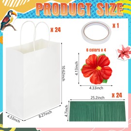 Suncalla 24 Sets Hawaiian Party Gift Bags with Hibiscus Flower and Grass Skirt, Luau Paper Bags with Handles Tropical Party Supplies for Wedding Summer Beach Bridesmaids Bachelorette (White)