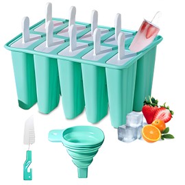 Silicone Popsicle Molds 10 Pcs Ice Pop Maker Molds with 10 Reusable Sticks, Cleaning Brush and Funnel - Homemade Easy-Release Reusable Popsicle Moulds Shapes (Green)