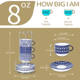 Selamica Ceramic Cappuccino Cups with Saucers and Metal Stand, 8 OZ Stackable Espresso Coffee Cups for Coffee, Latte, Americano, Tea, Set of 4, Vintage Blue