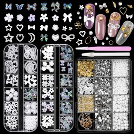 3D Nail Charms and Gems Set, White Flower Butterfly Nail Charms, Nail Bows and Pearls Hearts, 3D Flowers for Nails with Rhinestones, Pearls, Diamonds and Picker Tools for Y2K Nail Decor