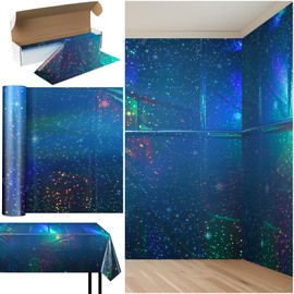 YIDAKO 1 Roll 1200 Inch X 54 Inch Iridescent Space Tablecloths, Disposable Plastic Blue Galaxy Table Cloth Rectangle Table Covers for Space Starry Night Star Theme Party Birthday Party Decorations