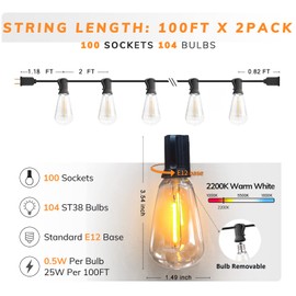 Outdoor String Lights 200FT Edison Vintage Style String Lights with 104 Shatterproof ST38 Bulbs LED Dimmable Warm 2200K Plastic Patio Lights Outdoor Waterproof for Yard Gazebo Market Bistro Lights