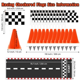 Windspeed Race Car Party Supplies, 38 Pcs Set: 24 Checkered Flags, 12 Mini Traffic Cones, 6.5Ft Racetrack Mat, 9.8Ft Hanging Flag, Birthday Decorations