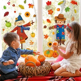 JarThenaAMCS 4 Sheet Fall Window Clings Cartoon Men and Women Scarecrow Window Decals Double-Sided Autumn Window Decor for Thanksgiving Party Home Office School Decor