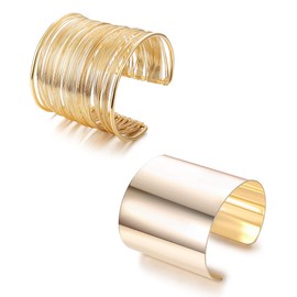 JeweBella 2 Piece Cuff Bangle Women's Gold/Silver Cuff Bracelet Set Open Wide Wire Bracelets Adjustable Gold Coil Bracelet Upper Arm Jewellery for Women, Brass