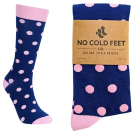 No Cold Feet Fun Colorful Novelty Socks for Men for Dress Casual Formal Groomsmen Wedding, Navy with Pink Polka Dots, Size M (8-13)