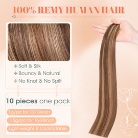 Benehair Invisible Tape in Hair Extensions Human Hair 10 Pieces Remy Straight #4P27 Medium Brown Mix Dark Blonde Real Hair Extension Tapes 16 Inches (15 g)