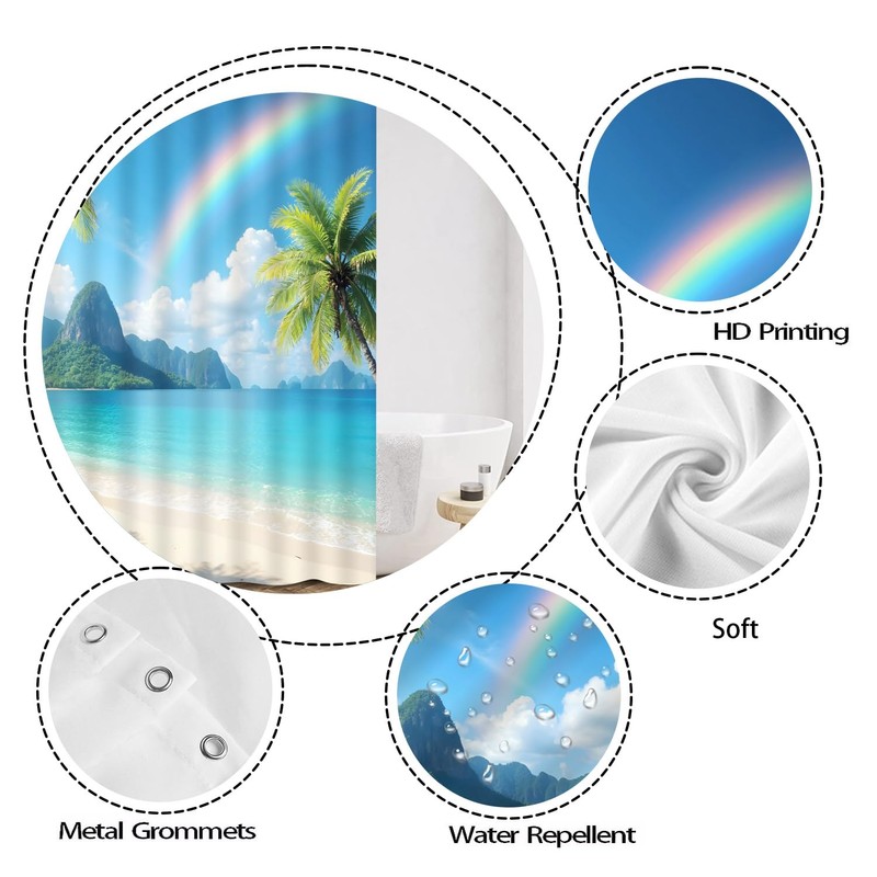 Fsfusvk Coastal Ocean Beach Shower Curtain Palm Tree Rainbow Tropical