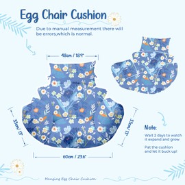 Uthem Waterproof Egg Chair Cushion Replacement 47x31.5x4.7 inch Thicken Hanging Egg Swing Chair Cushion Indoor Outdoor Wicker Rattan Hammock Basket Cushion with Headrest Pillow, Blue Peony