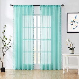 Treatmentex - Paneles de cortina transparentes de pompones de 84 pulgadas de largo para sala de estar, recámara, cortinas de ventana para escuela, jardín de infantes de 52 pulgadas de ancho cada