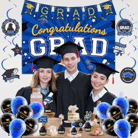 Graduation Decorations 2025 Blue and Gold Class of 2025 Congrats Grad Backdrop Banner for Graduation Party