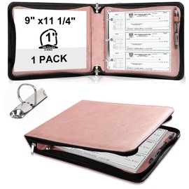 3 Rings Check Binder with Zipper PU Leather 1 Inch D Ring Business Check Holder 9" x11 1/4" Checkbook Organizer for 300 Receipts 3 or 9 Holes Checks End Stub Deskbook Checks (Rose Gold)