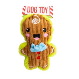 Gingerbread Man with Blue Bowtie Christmas Plush Dog Pet Toy with Squeaker