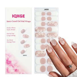 IQXGE 20Pcs Nude Semi Cured Gel Nail Strips Summer Self Adhesive French Tip Gel Nail Stickers UV/LED Light Needed Long Lasting Flower Nails Wraps Waterproof Glossy Nails Polish Strips for Women