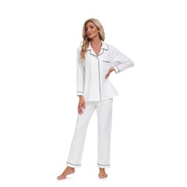 COLORFULLEAF Women's 100% Cotton Long Sleeve Pajama Sets Button Down Notched Collar Sleepwear Soft Lounge Pjs with Pockets (White,M)