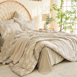 MUXHOMO Beige Bed in a Bag Queen 7 Pieces, Queen Comforter Set Reversible Botanical Flowers Design, Ultra Soft & Breathable Bedding Sets with Comforter, Sheets, Pillowcases & Shams