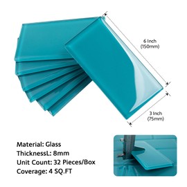Soulscrafts Glass Subway Tile, 3x6 Inch Glass Tile for Kitchen Backsplash Bathroom Shower Wall Cyan(32 Pcs 4 sq.ft)