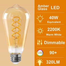Jacqueny ST64 Vintage Edison Filament Led Bulb Amber, 4 Pack Long Lasting Antique Edison Bulb ST64 4w (40watt Equivalent), Dimmable 2200K Warm White ST19 Light with 90 CRI for Home, Bedroom and Office